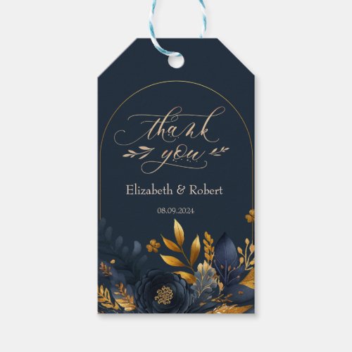 Navy Blue Flowers Gold Leaves Thank You  Gift Tags
