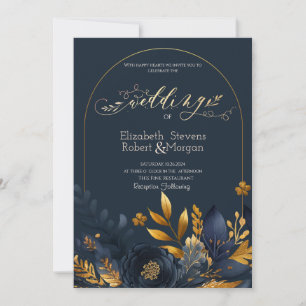 Navy Blue Flowers Gold Leaves  Wedding Invitation