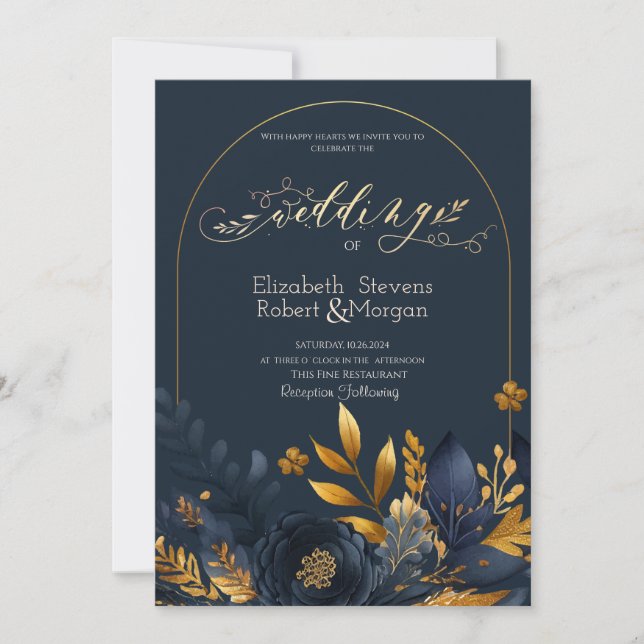 Navy Blue Flowers Gold Leaves  Wedding Invitation (Front)