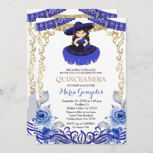 Navy Blue Flowers Gold Quinceanera Invitation