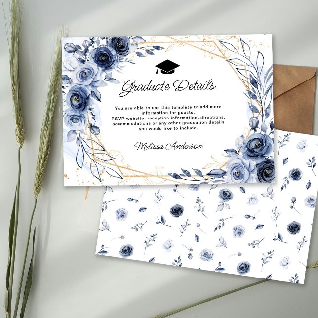 Navy Blue Flowers Graduate Details Enclosure Card (Creator Uploaded)