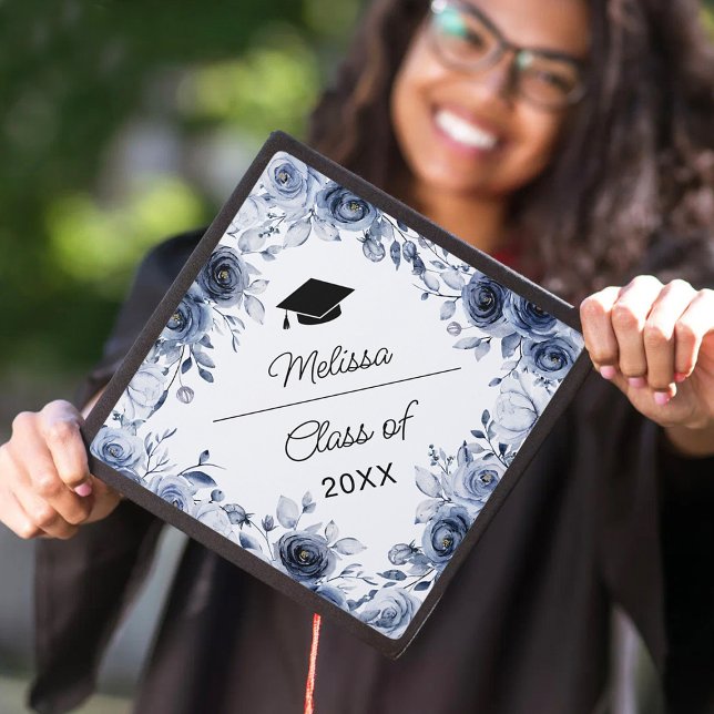 Navy Blue Flowers Graduation Cap Topper (Creator Uploaded)