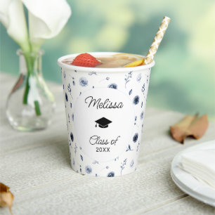 Navy Blue Flowers Graduation Paper Cups