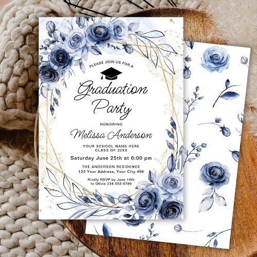 Navy Blue Flowers Graduation Party Invitation