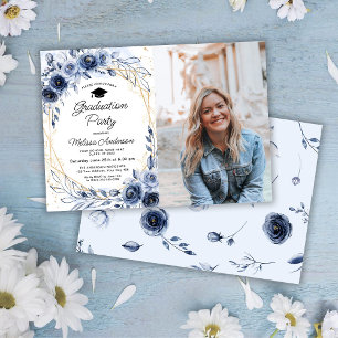 Navy Blue Flowers Graduation Party Photo Invitation