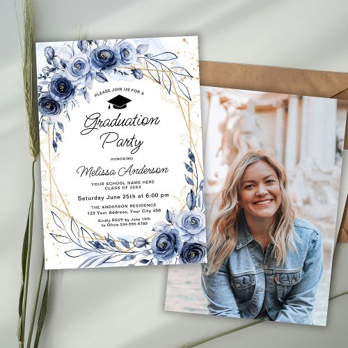 Navy Blue Flowers Graduation Party Photo Invitation