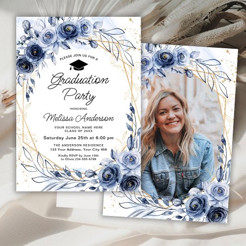 Navy Blue Flowers Graduation Party Photo Invitation