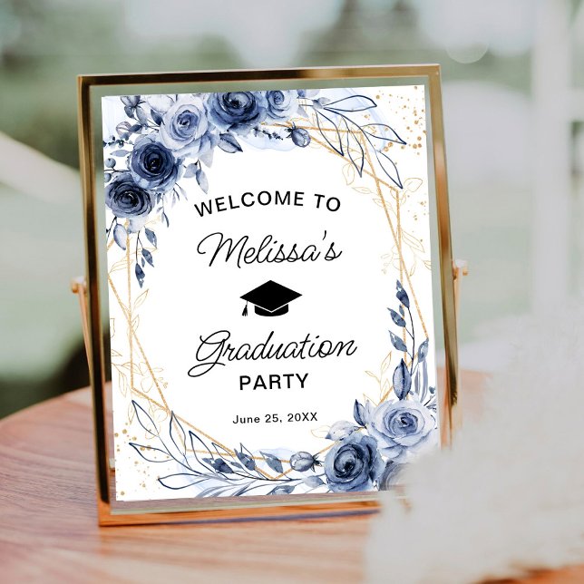 Navy Blue Flowers Graduation Party Welcome Sign (Creator Uploaded)