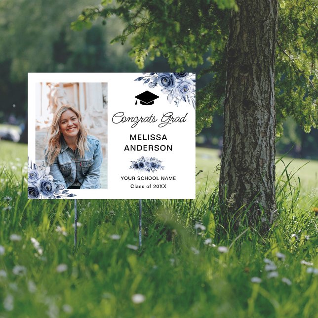 Navy Blue Flowers Graduation Photo Sign (Creator Uploaded)