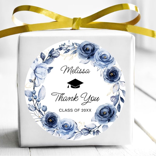 Navy Blue Flowers Graduation Thank You Classic Round Sticker (Creator Uploaded)