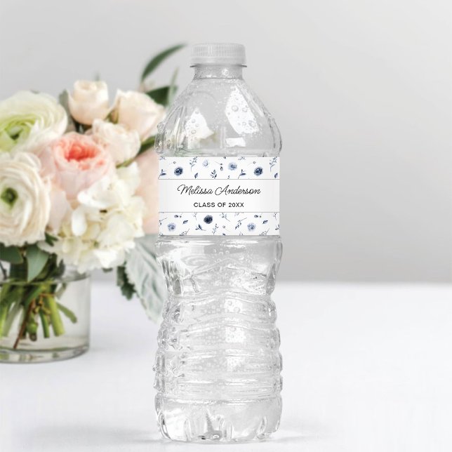 Navy Blue Flowers Graduation Water Bottle Label (Creator Uploaded)