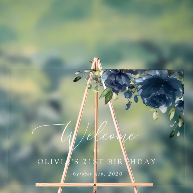 Navy Blue Flowers, Greenery, Birthday Welcome Acrylic Sign (Neutral)