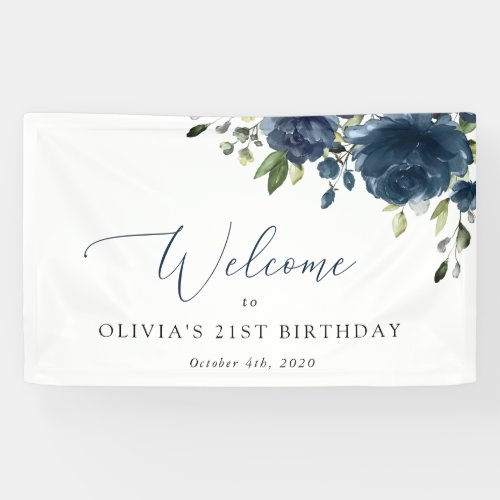 Navy Blue Flowers Greenery Birthday Welcome Banner