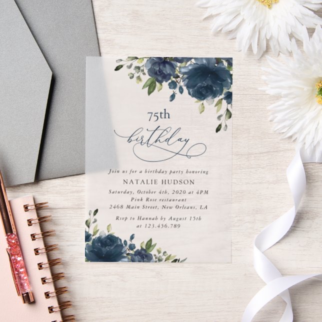 Navy Blue Flowers, Greenery, Boho, Any Birthday Vellum Invitations (Wedding)