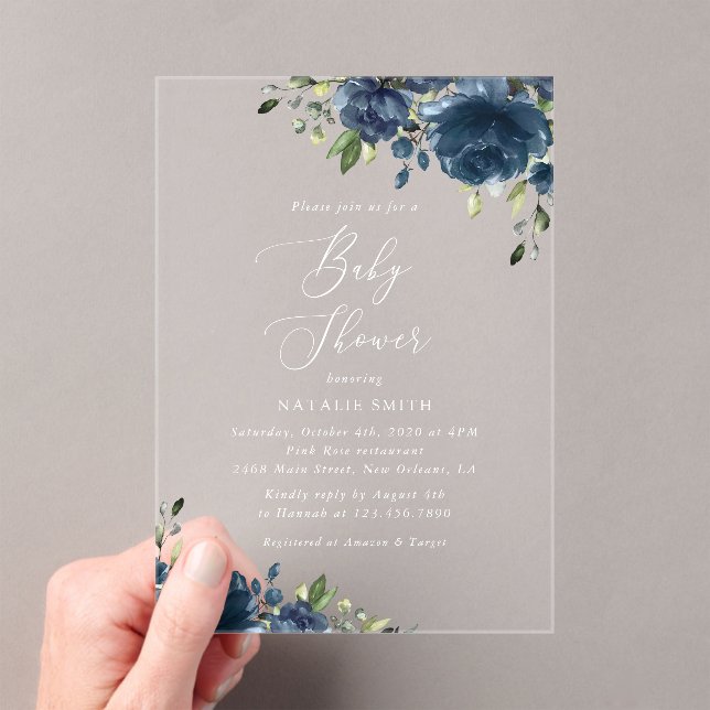 Navy Blue Flowers, Greenery, Boho, Baby Shower Acrylic Invitations (Insitu (Handheld))