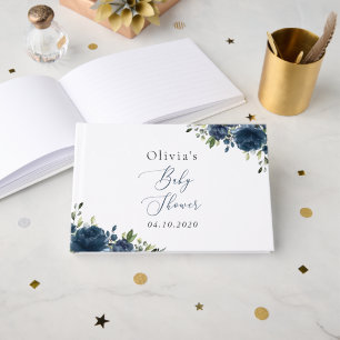 Navy Blue Flowers, Greenery, Boho, Baby Shower Guest Book