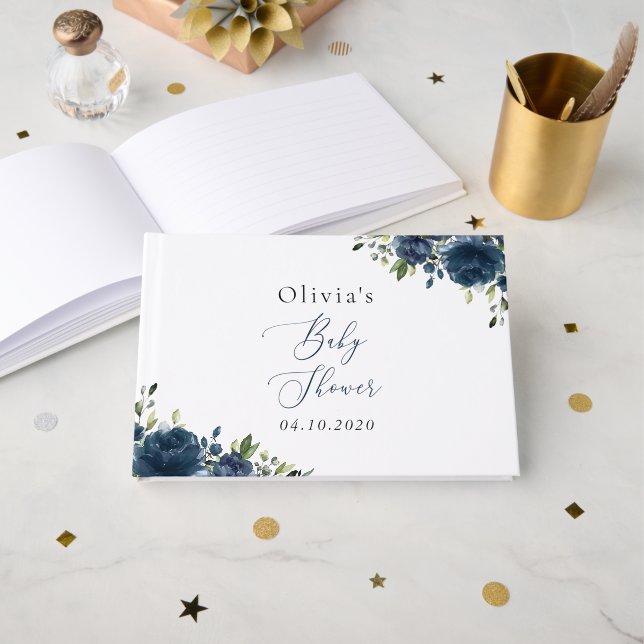 Navy Blue Flowers, Greenery, Boho, Baby Shower Guest Book (Front Open)
