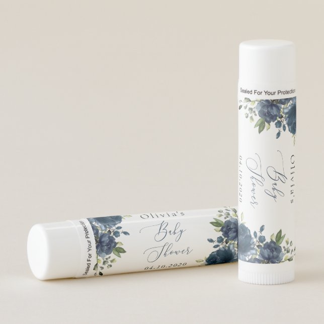 Navy Blue Flowers, Greenery, Boho, Baby Shower Lip Balm (Front)