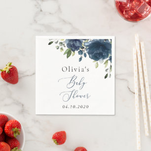 Navy Blue Flowers, Greenery, Boho, Baby Shower Napkins