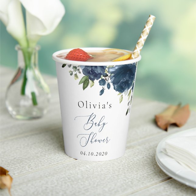 Navy Blue Flowers, Greenery, Boho, Baby Shower Paper Cups (Insitu)