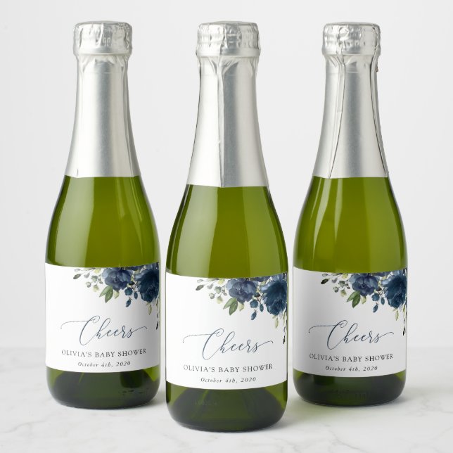 Navy Blue Flowers, Greenery, Boho, Baby Shower Sparkling Wine Label (Bottles)
