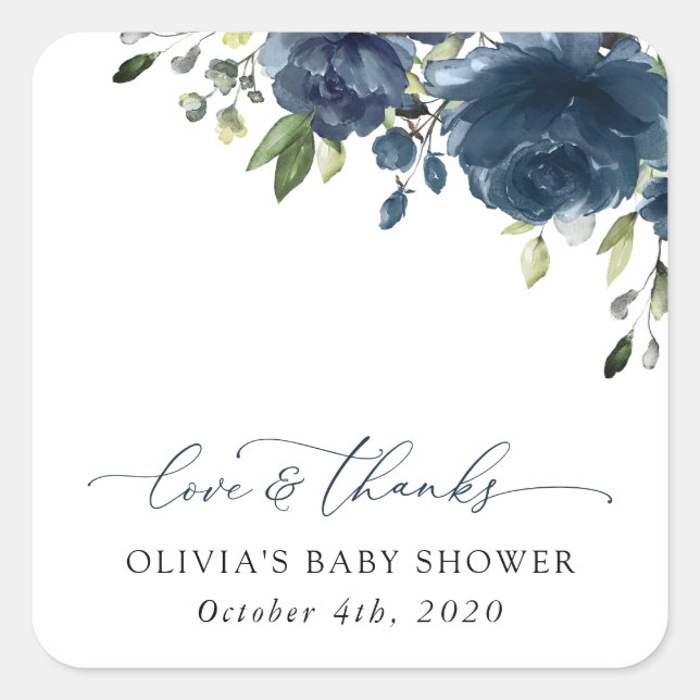Navy Blue Flowers, Greenery, Boho, Baby Shower Square Sticker (Front)