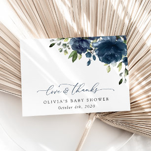 Navy Blue Flowers, Greenery, Boho, Baby Shower Thank You Card