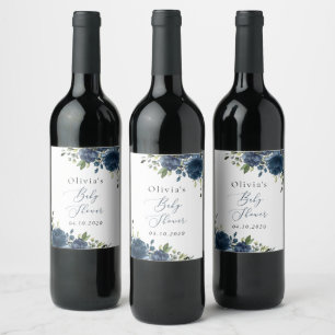Navy Blue Flowers, Greenery, Boho, Baby Shower Wine Label