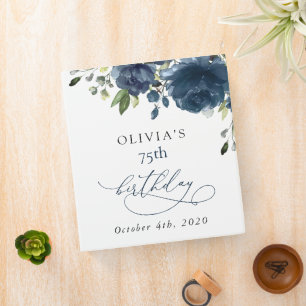 Navy Blue Flowers, Greenery, Boho, Birthday 3 Ring Binder