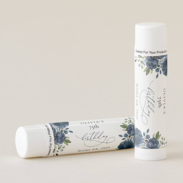 Navy Blue Flowers, Greenery, Boho, Birthday Lip Balm (Front)