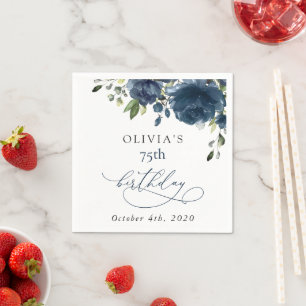 Navy Blue Flowers, Greenery, Boho, Birthday Napkins