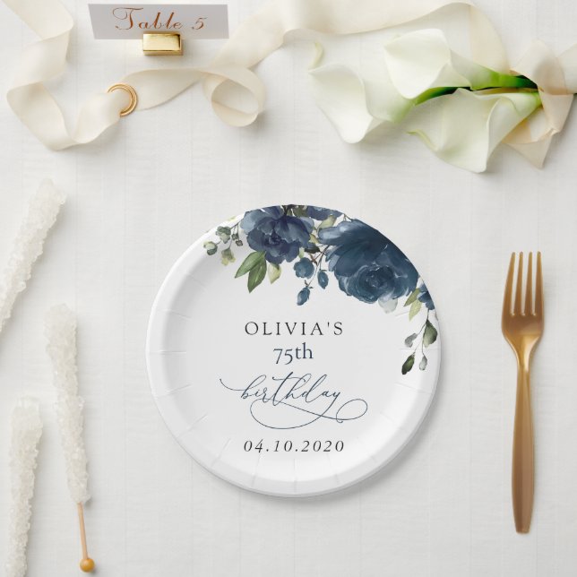 Navy Blue Flowers, Greenery, Boho, Birthday Paper Plates (Wedding)