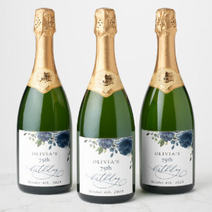 Navy Blue Flowers, Greenery, Boho, Birthday Sparkling Wine Label