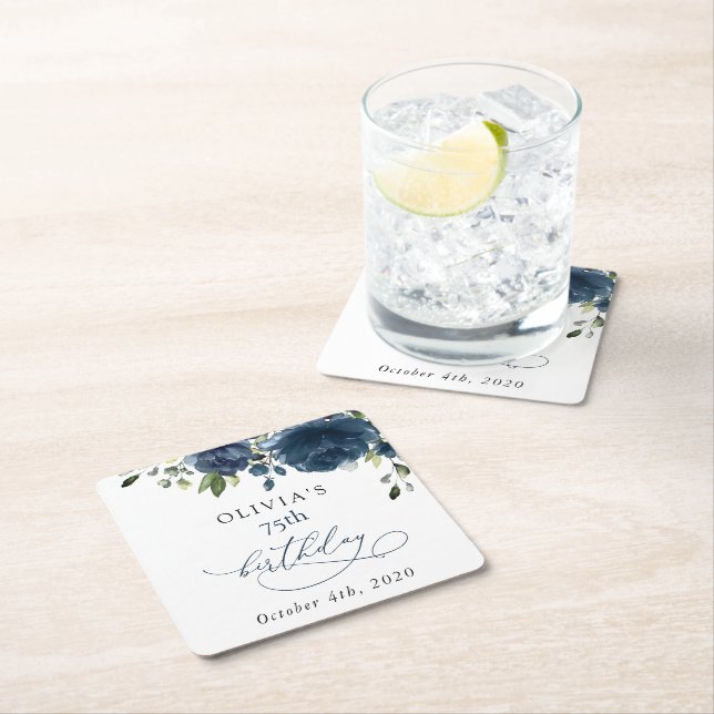 Navy Blue Flowers, Greenery, Boho, Birthday Square Paper Coaster (Insitu)