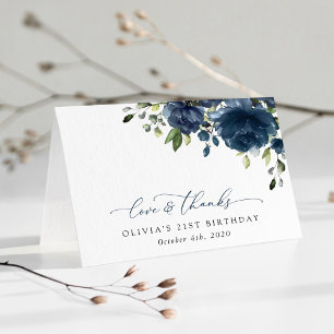 Navy Blue Flowers, Greenery, Boho, Birthday Thank You Card