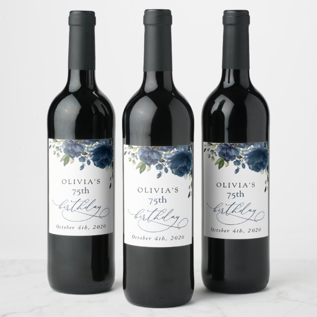 Navy Blue Flowers, Greenery, Boho, Birthday Wine Label (Bottles)