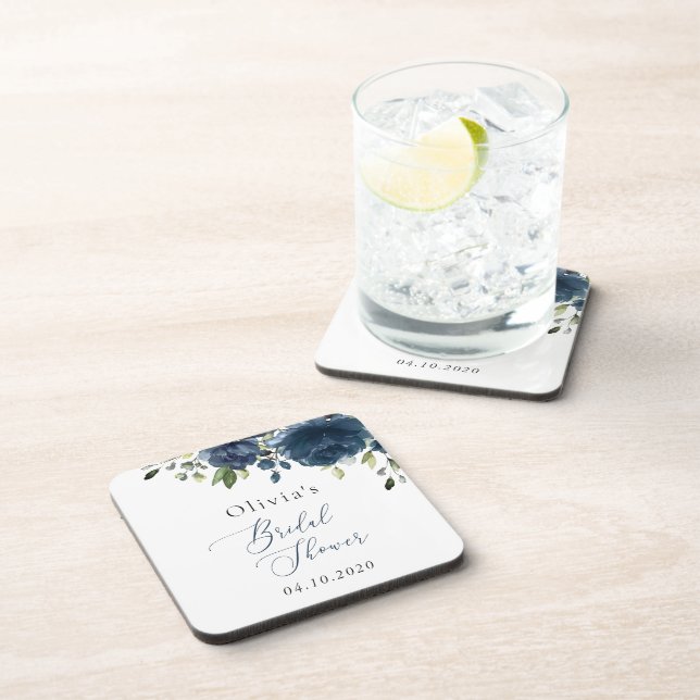 Navy Blue Flowers, Greenery, Boho, Bridal Shower Beverage Coaster (Right Side)