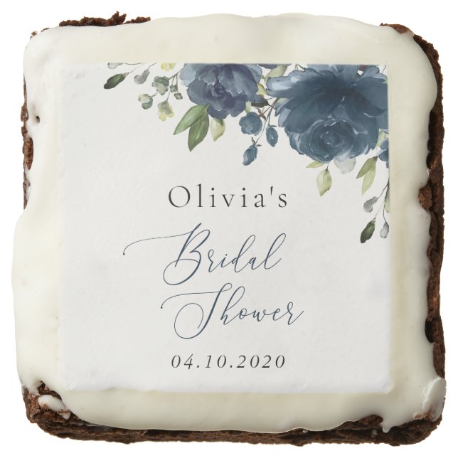 Navy Blue Flowers, Greenery, Boho, Bridal Shower Brownie (Front)