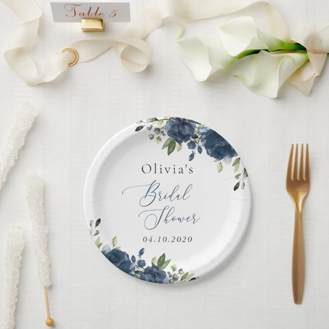 Navy Blue Flowers, Greenery, Boho, Bridal Shower Paper Plates (Wedding)