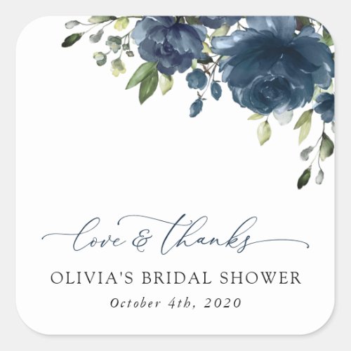 Navy Blue Flowers Greenery Boho Bridal Shower Square Sticker