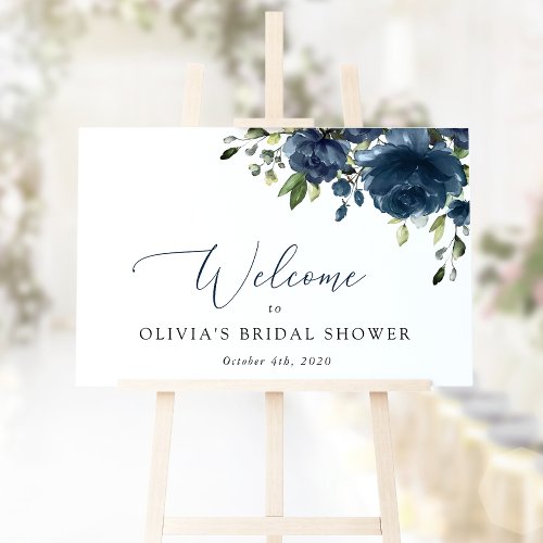 Navy Blue Flowers Greenery Boho Bridal Welcome Sign