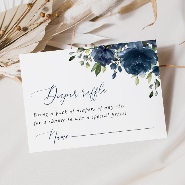 Navy Blue Flowers, Greenery, Boho, Diaper Raffle Enclosure Card (Creator Uploaded)