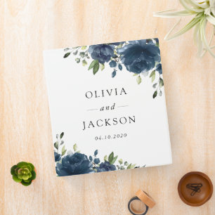 Navy Blue Flowers, Greenery, Boho, Floral Wedding 3 Ring Binder