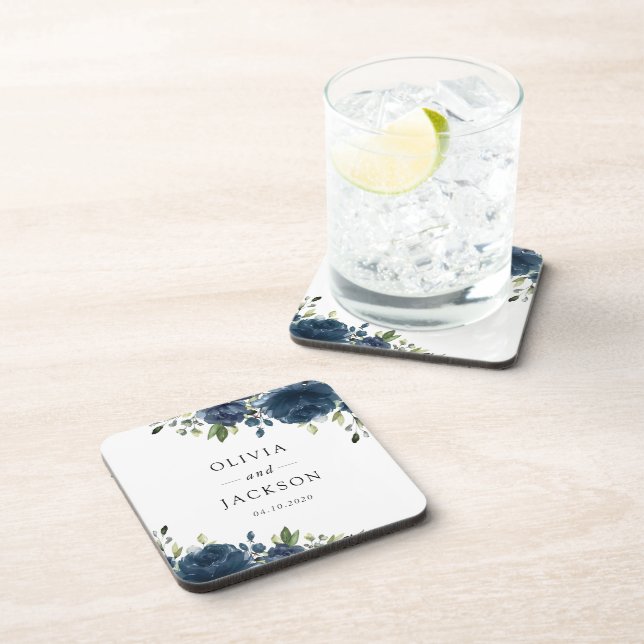 Navy Blue Flowers, Greenery, Boho, Floral Wedding Beverage Coaster (Right Side)