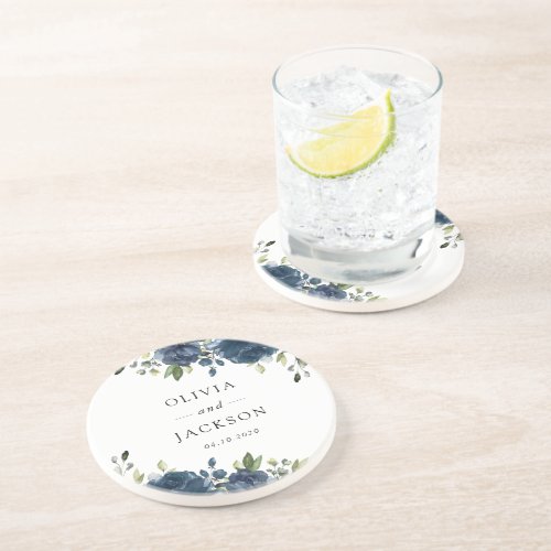 Navy Blue Flowers Greenery Boho Floral Wedding Coaster