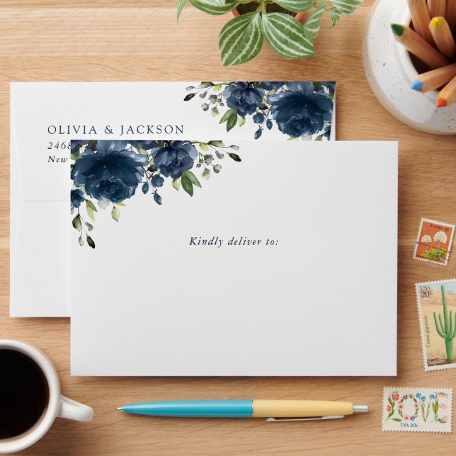 Navy Blue Flowers, Greenery, Boho, Floral Wedding Envelope (Desk)