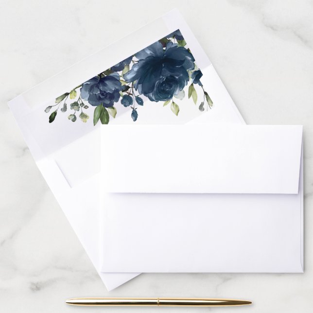 Navy Blue Flowers, Greenery, Boho, Floral Wedding Envelope Liner (Desk)