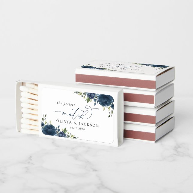 Navy Blue Flowers, Greenery, Boho, Floral Wedding Matchboxes (Stacked)