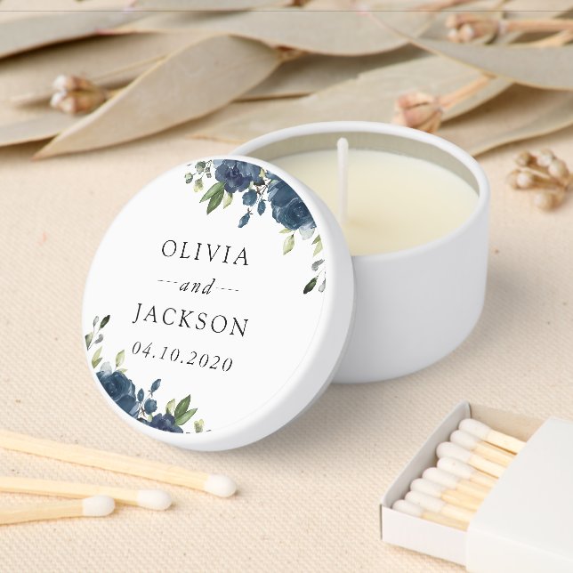 Navy Blue Flowers, Greenery, Boho, Floral Wedding Mini Candle Favors (Insitu)