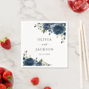 Navy Blue Flowers, Greenery, Boho, Floral Wedding Napkins
